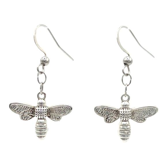 Silver bee dangle earrings — lightweight nature insect jewelry - Picture 1 of 3